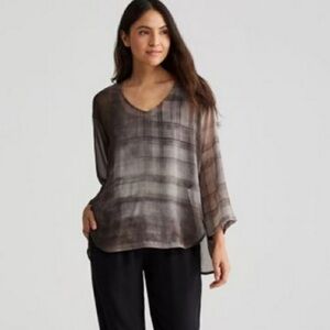 Eileen Fisher Gray Onyx 100% Silk Sheer Blouse large